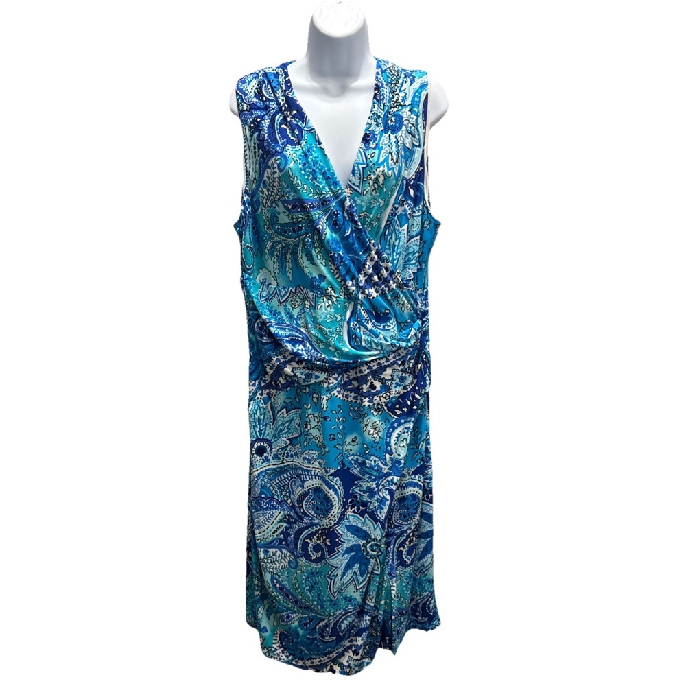 Lauren Ralph Lauren Dress 14W Blue Floral Paisley Stretch Sleeveless Party